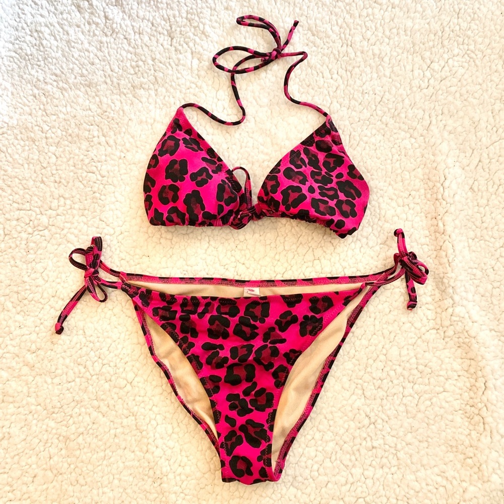 Hot Pink & Black Bikini Set Top M Bottoms L